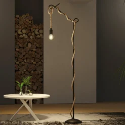 Lámpara de pie Lucande Ropina, altura 180 cm, negro, cuerda de cáñamo