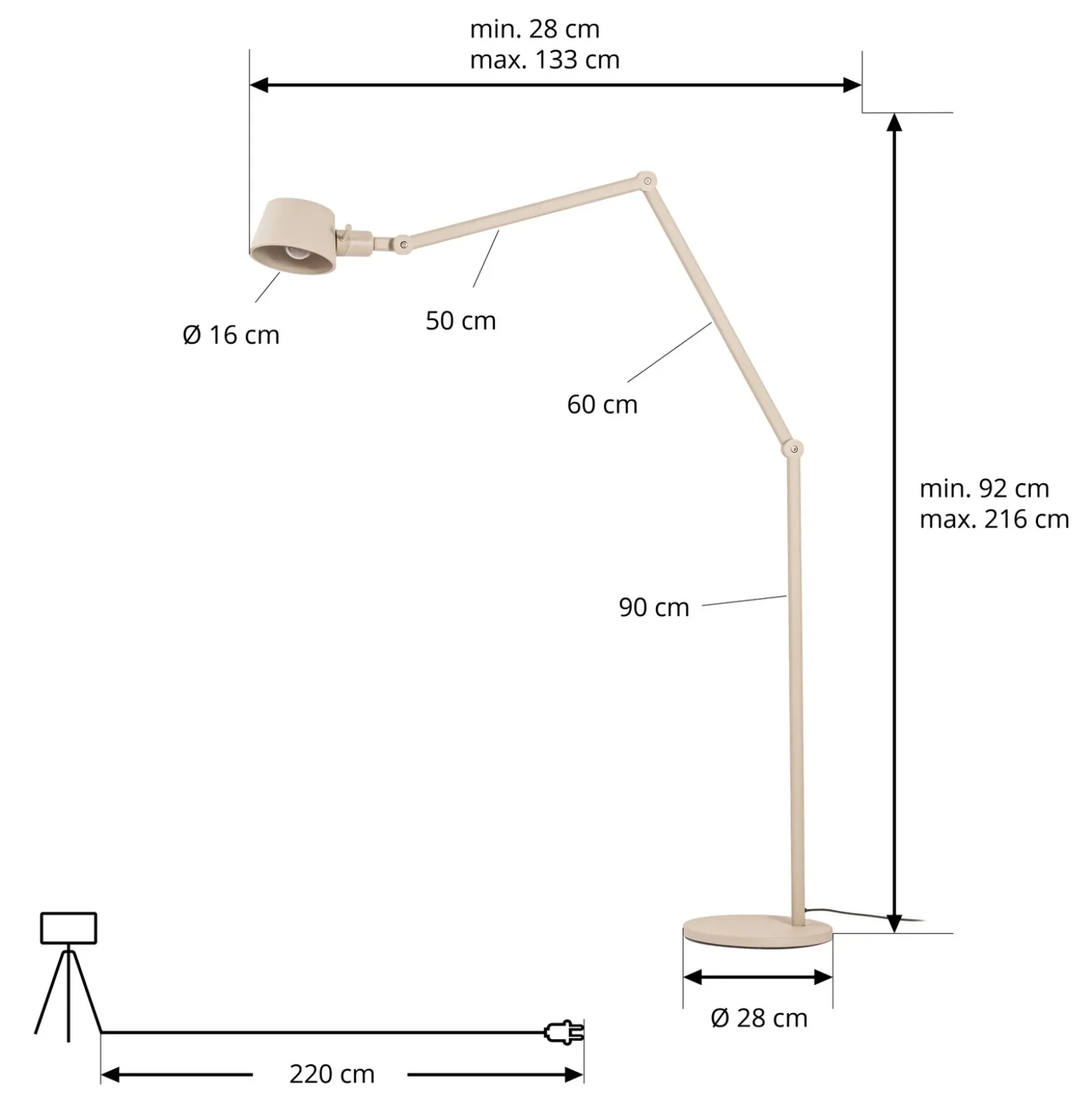 Lámpara de pie Lucande Silka, 216 cm, beige, regulable, E27