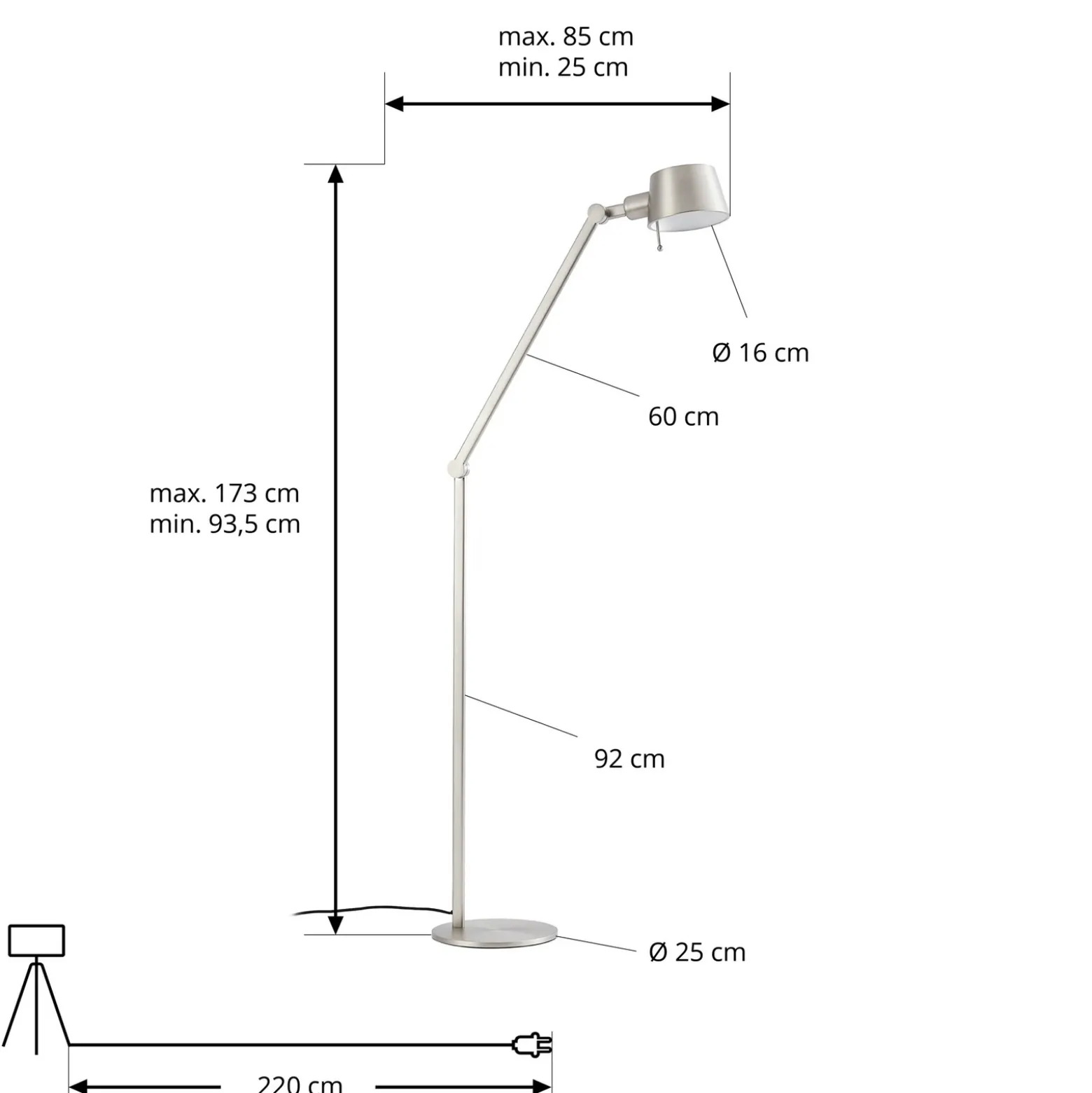 Lámpara de pie Lucande Silka, 173 cm, níquel satinado, regulable