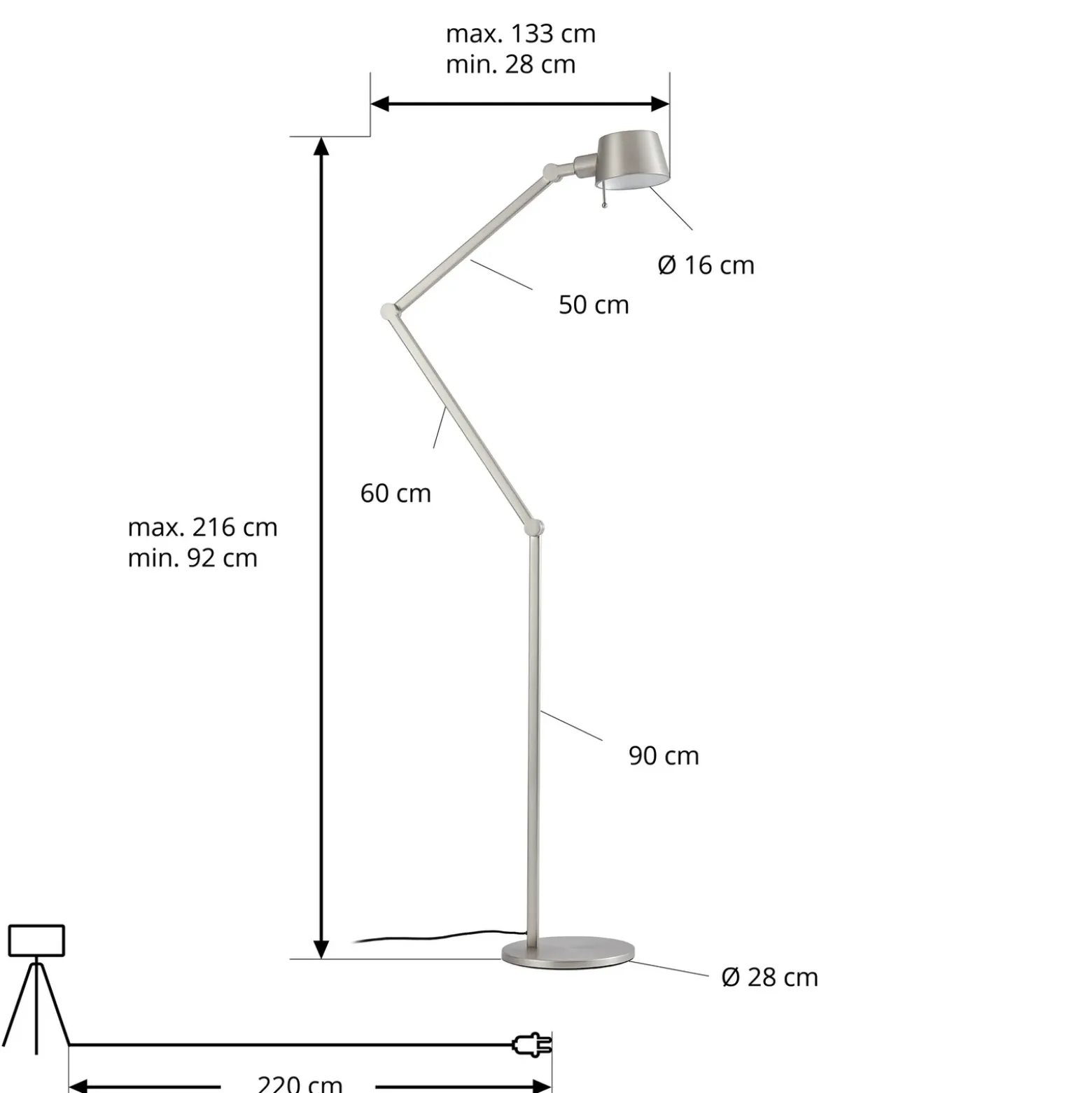 Lámpara de pie Lucande Silka, 216 cm, níquel satinado, regulable