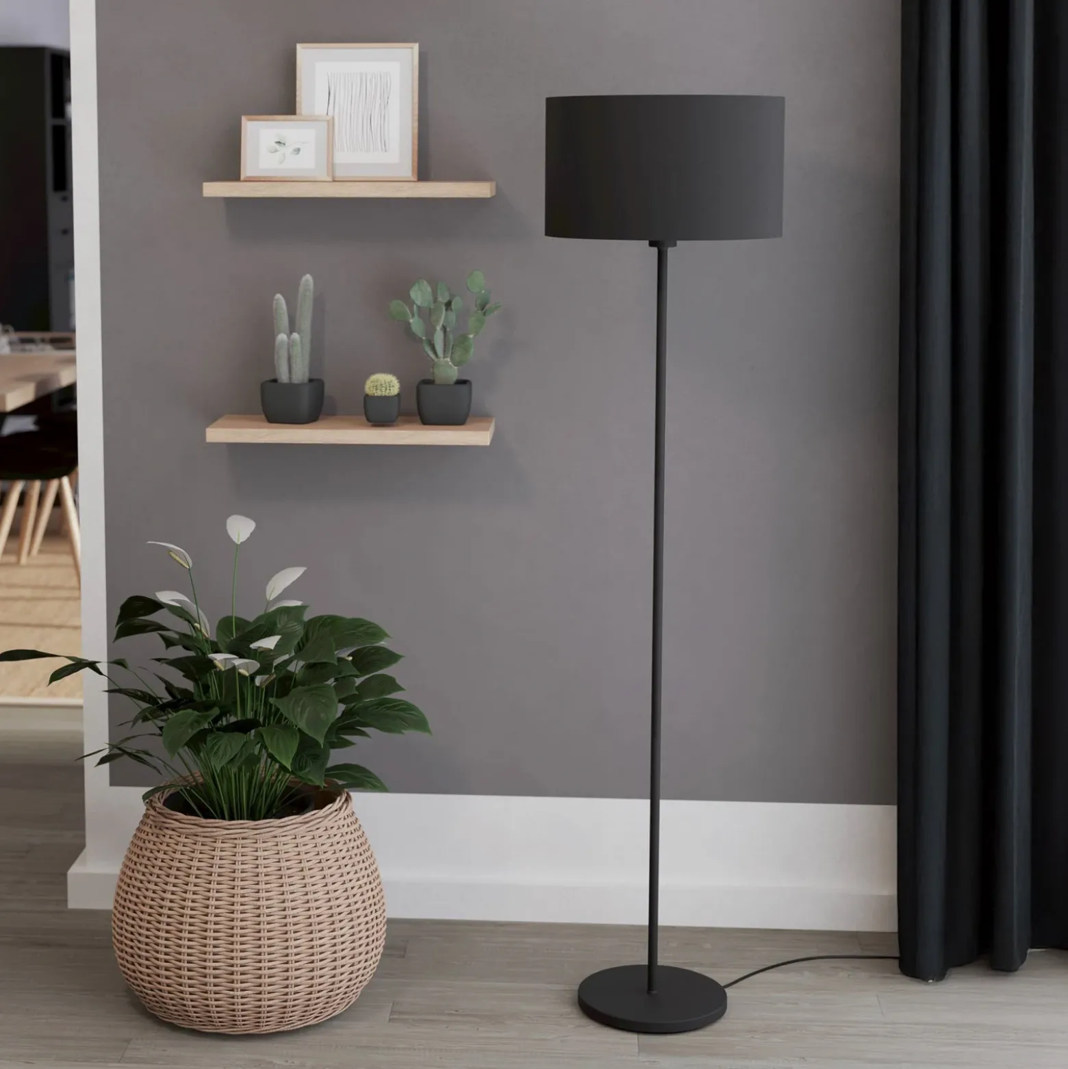 Lámpara de pie Maserlo, negra, altura 151 cm, tela/acero