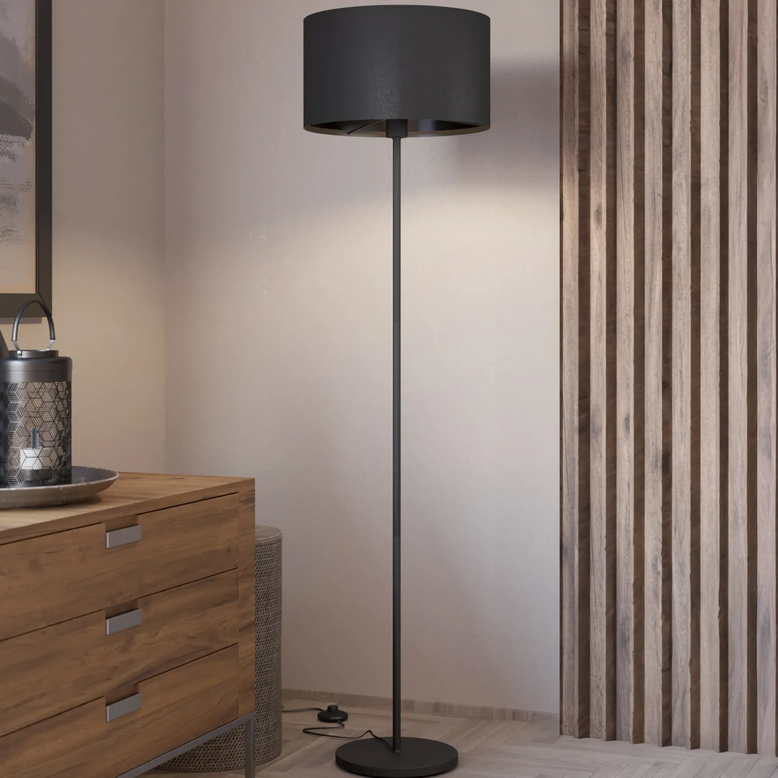 Lámpara de pie Maserlo, negra, altura 151 cm, tela/acero