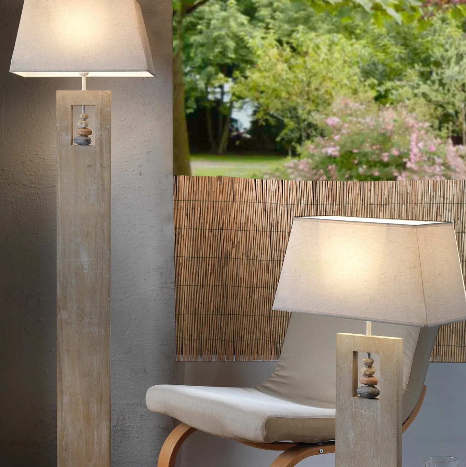 Lámpara de pie Miriel, altura 170 cm, textil, madera