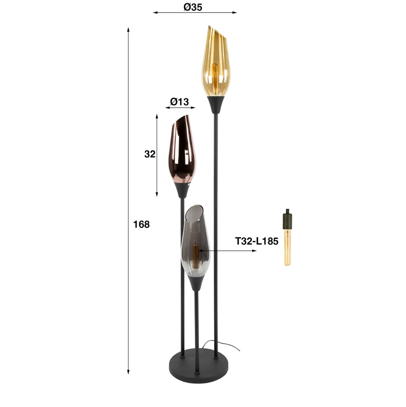 Lámpara de pie Mixture, 168 cm, multicolor, 3 luces, vidrio/metal