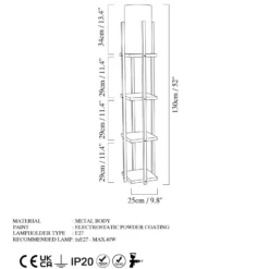 Lámpara de pie 8115, negro/dorado/blanco, metal/lona, altura 130 cm
