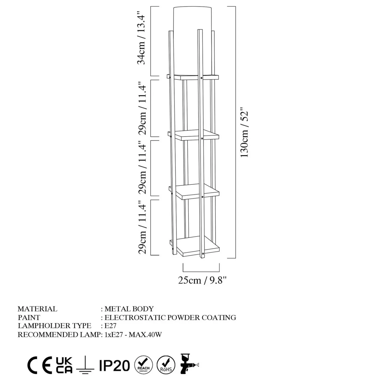 Lámpara de pie 8115, negro/dorado/blanco, metal/lona, altura 130 cm