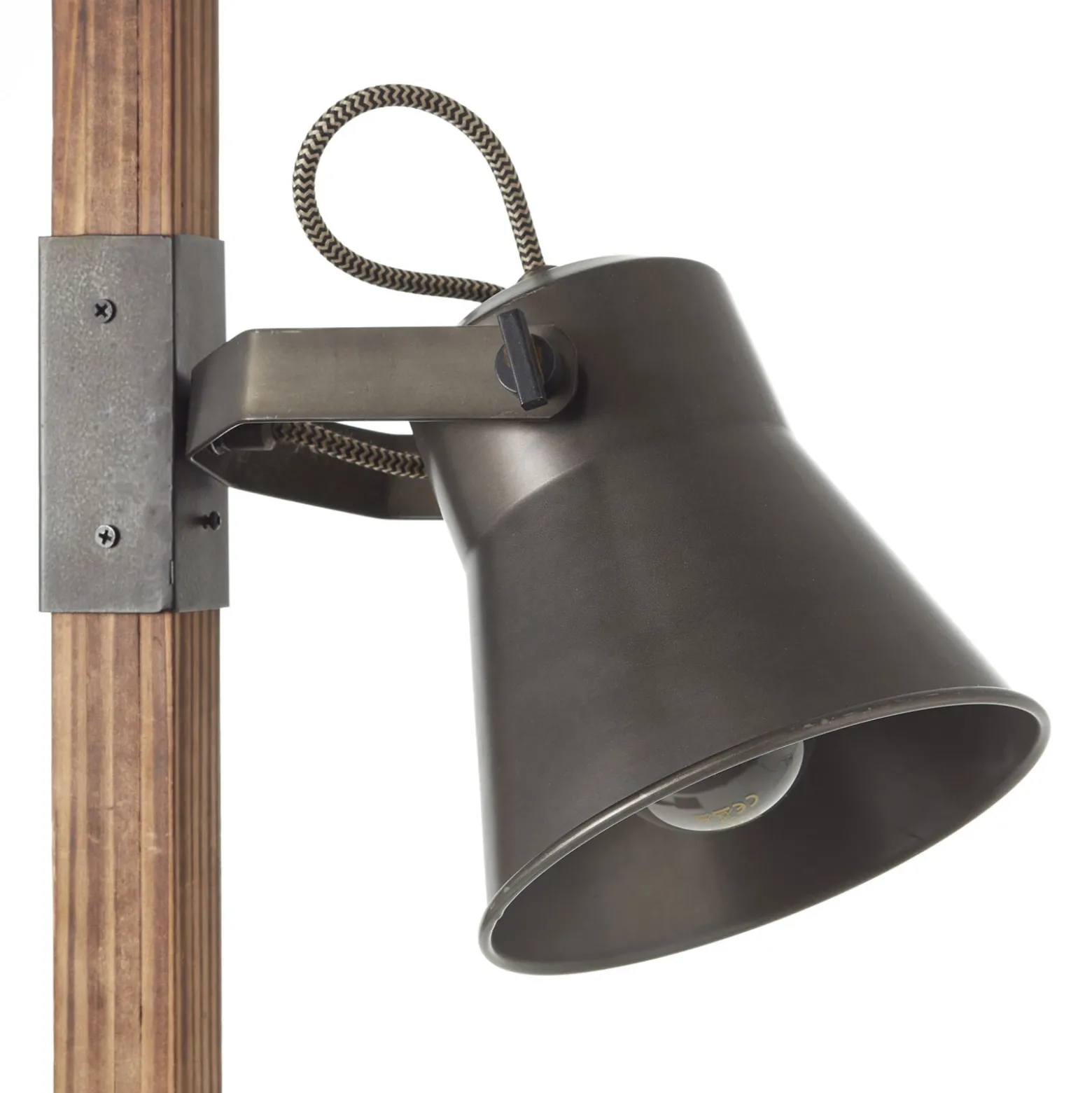 Lámpara de pie Plow, 2 focos, negro/madera oscuro