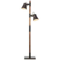 Lámpara de pie Plow, 2 focos, negro/madera oscuro