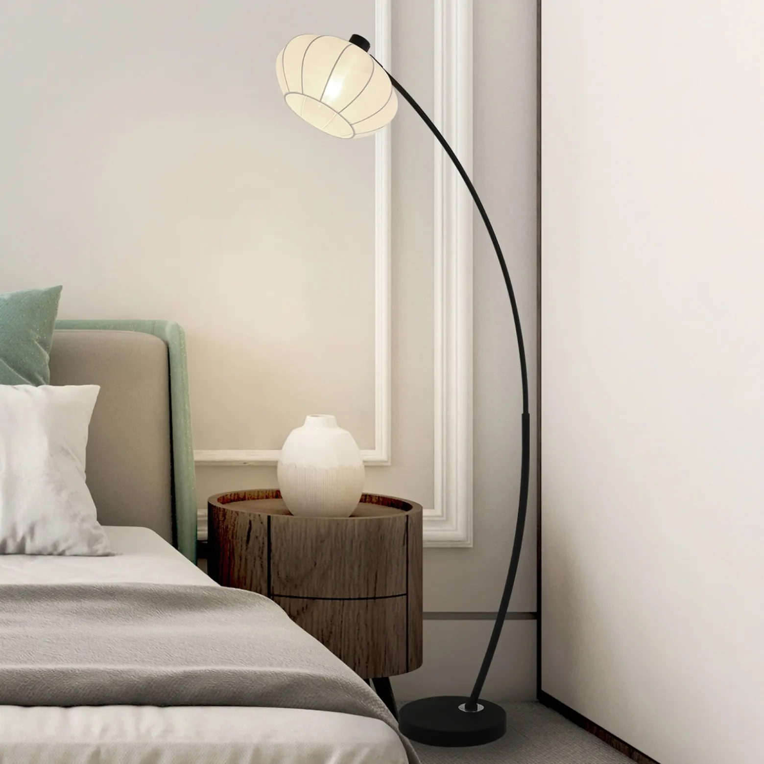 Lámpara de pie Radiant, negro/blanco, altura 156 cm, metal/tela