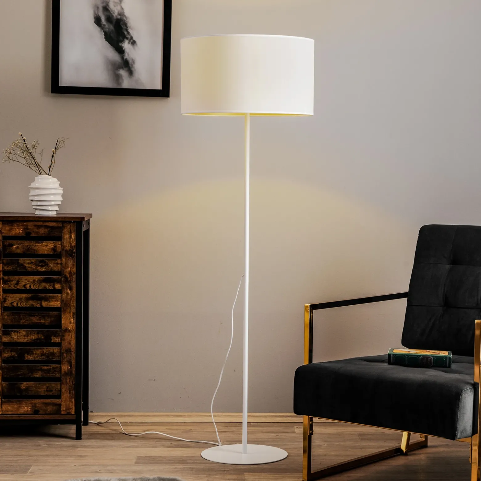 Lámpara de pie Roller, blanco/dorado, altura 145 cm