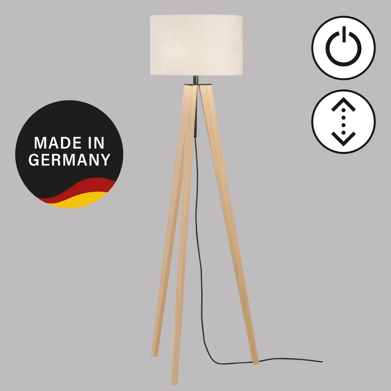 Lámpara de pie SHINE-WOOD, arena/negro/roble Altura 164 cm 3 x E27