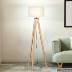 Lámpara de pie SHINE-WOOD, arena/negro/roble Altura 164 cm 3 x E27
