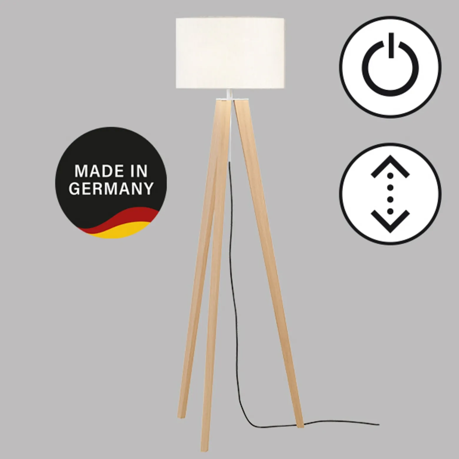 Lámpara de pie SHINE-WOOD, blanco/níquel/roble, altura 164 cm, 3 x E27
