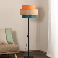 Lámpara de pie Trio, pantalla de yute, naranja/marrón natural/petróleo