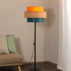 Lámpara de pie Trio, pantalla de yute, naranja/marrón natural/petróleo