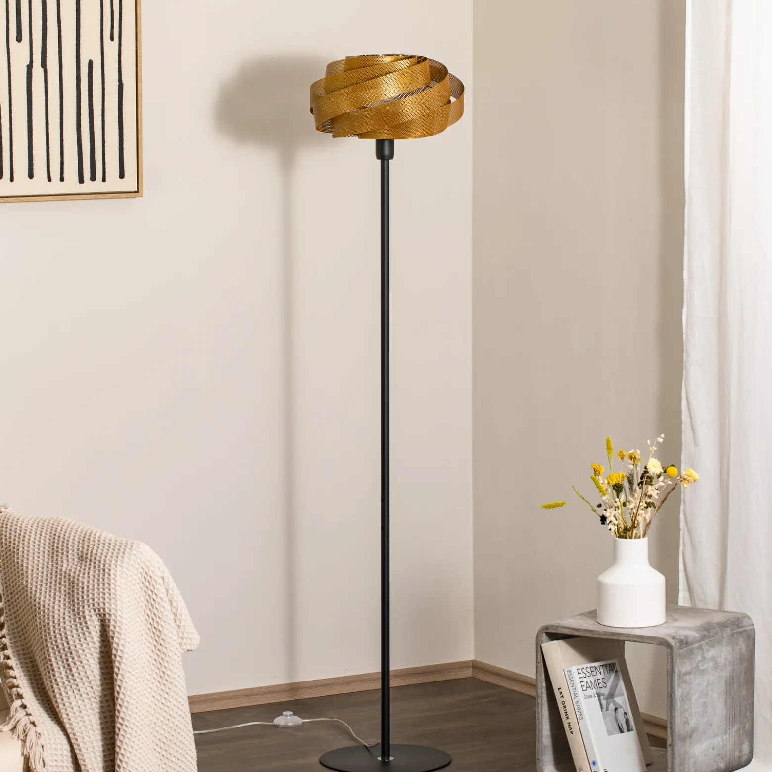 Lámpara de pie Vento, negro/dorado, metal, Ø 40 cm, E27
