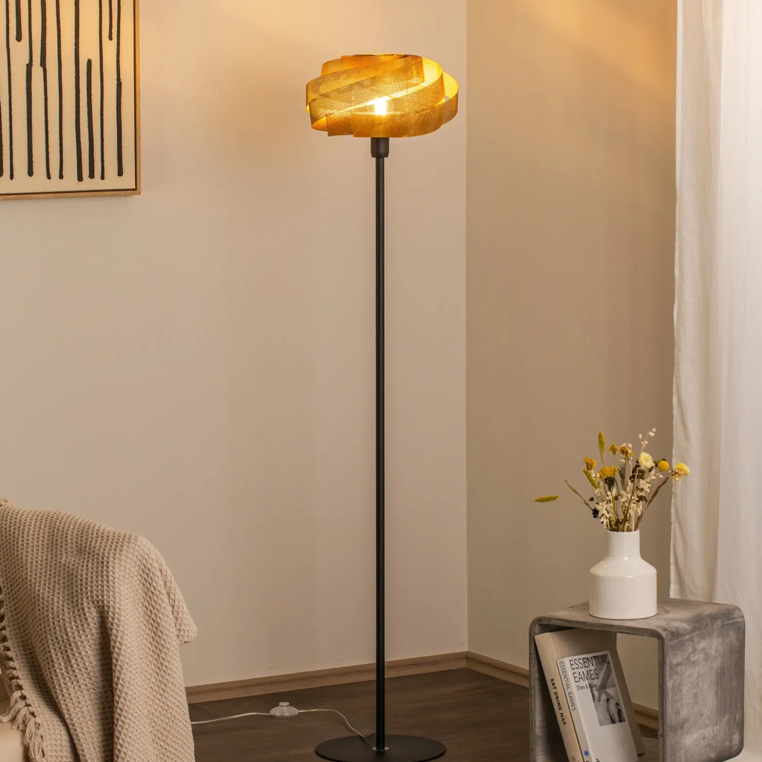 Lámpara de pie Vento, negro/dorado, metal, Ø 40 cm, E27