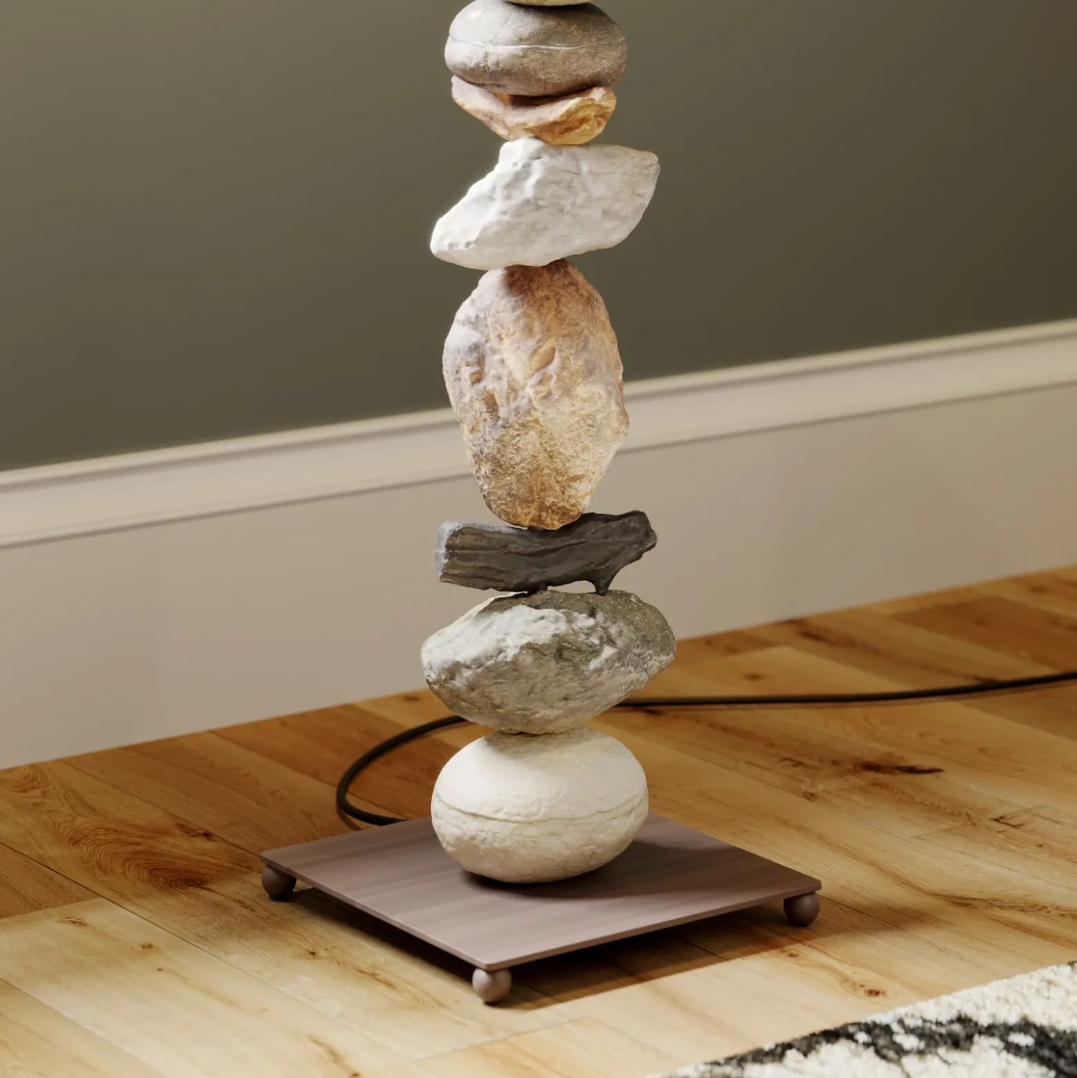 Lámpara de pie Vera con pantalla de tela y decoración de piedra