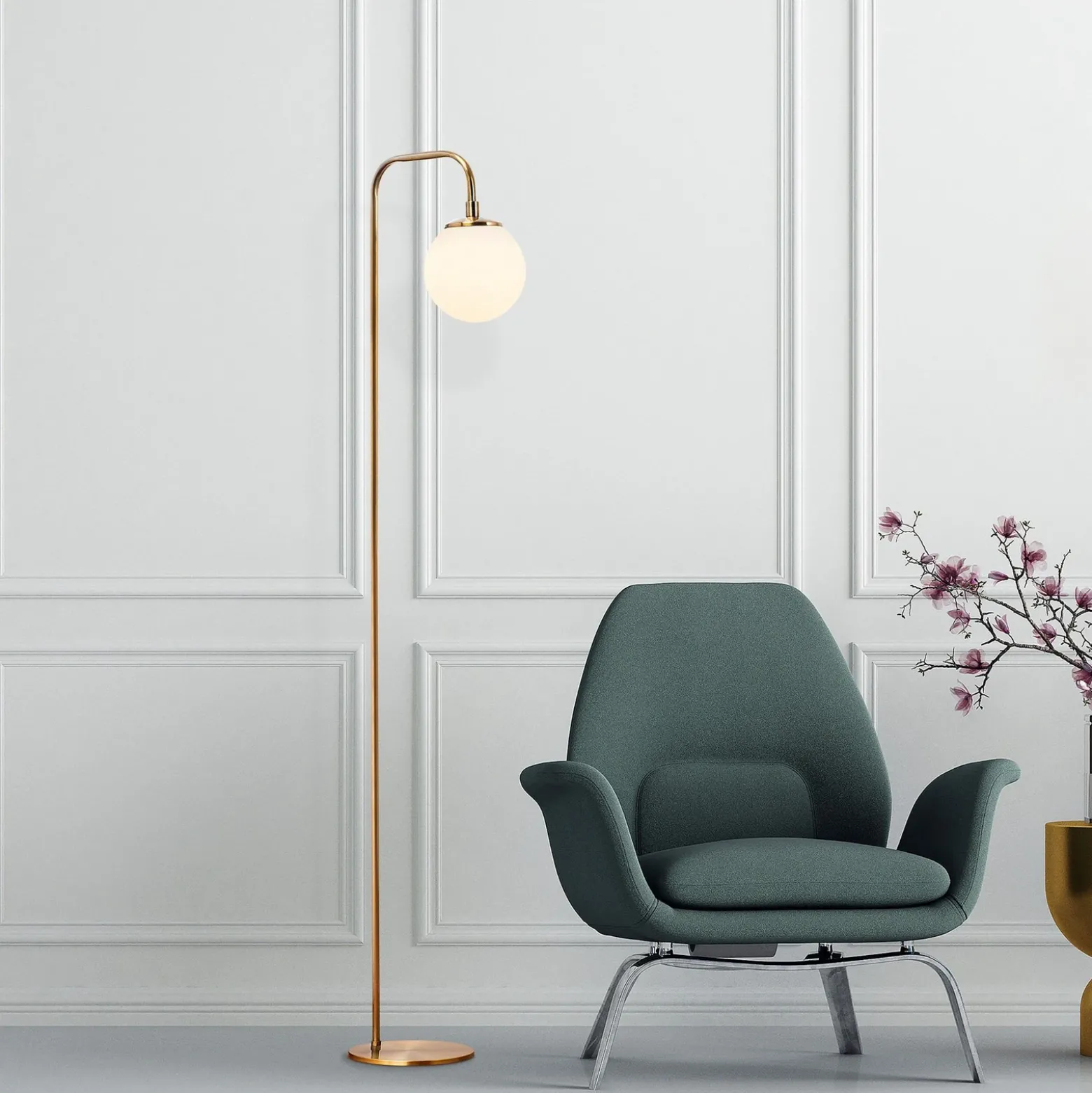 Lámpara de pie Viran, oro antiguo, cristal, altura 146 cm, E14