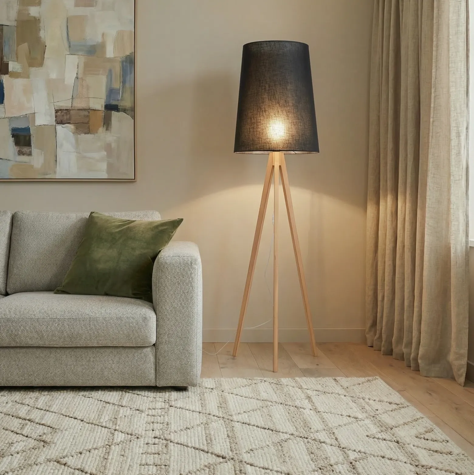 Lámpara de pie Walz, negra, madera, altura 175 cm, E27