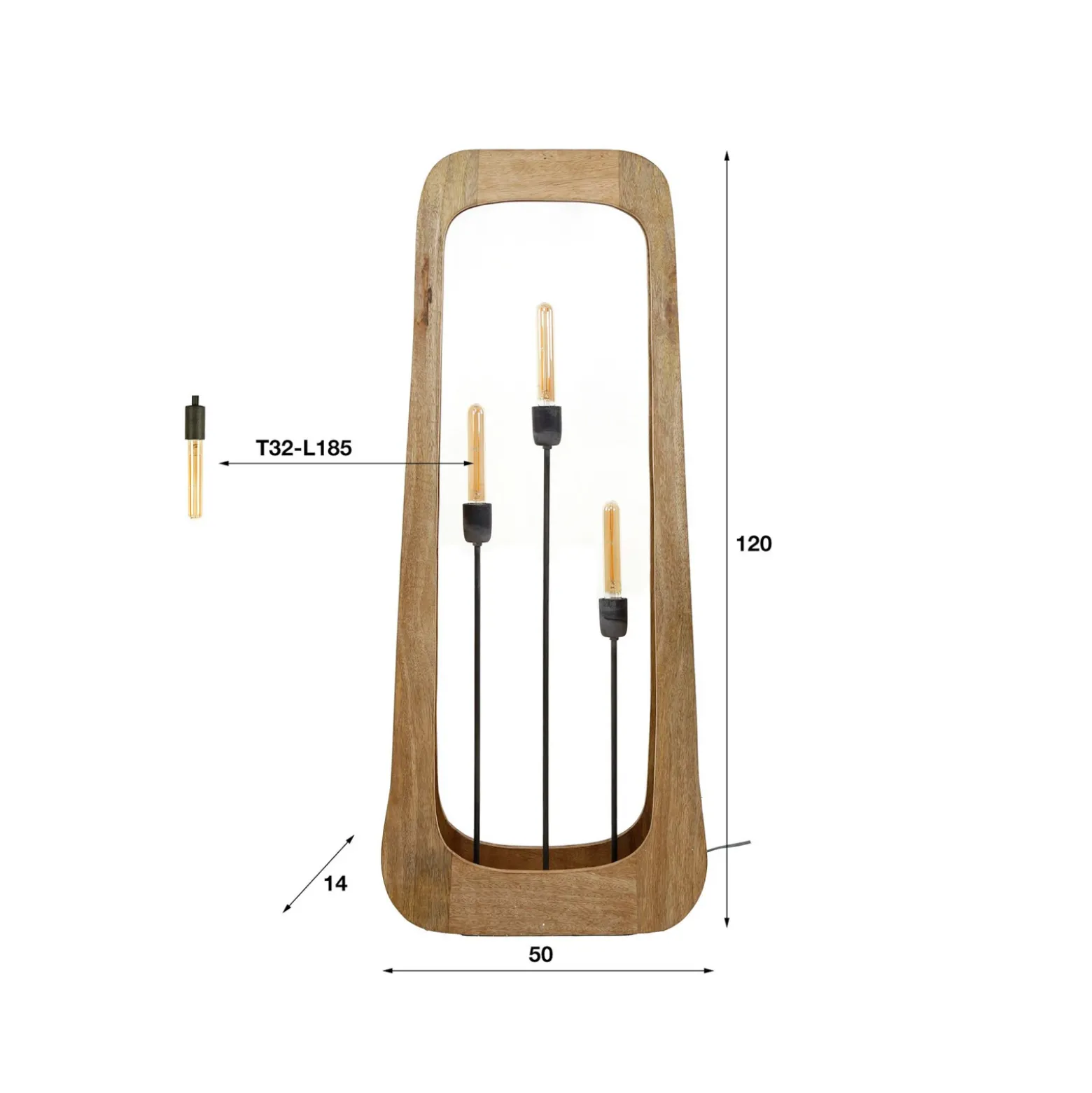 Lámpara de pie Woodframe, 3 luces, madera de mango, natural