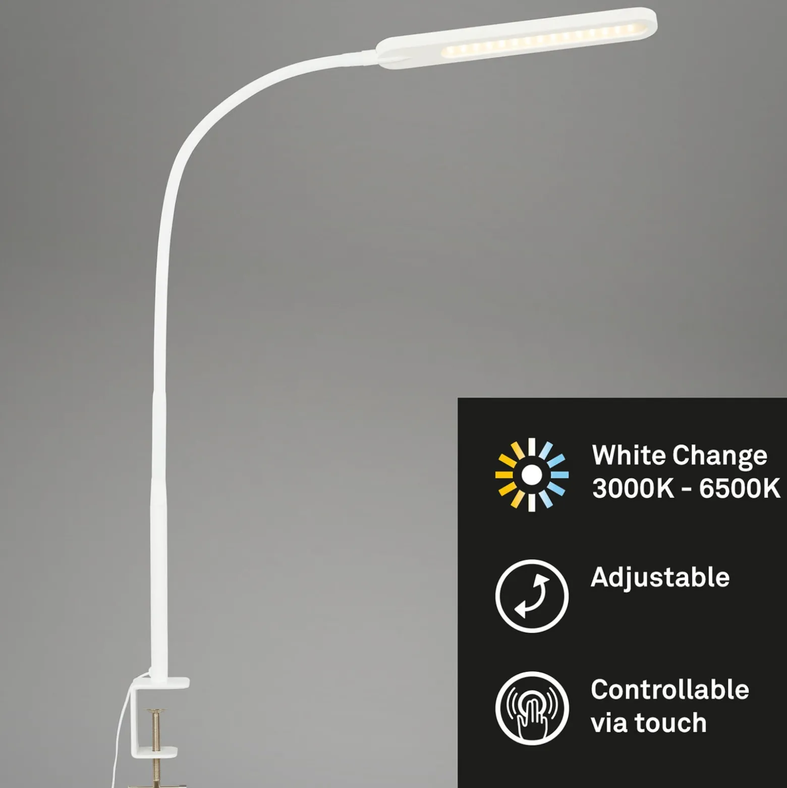 Lámpara de pinza LED Servo, atenuable, CCT, blanco