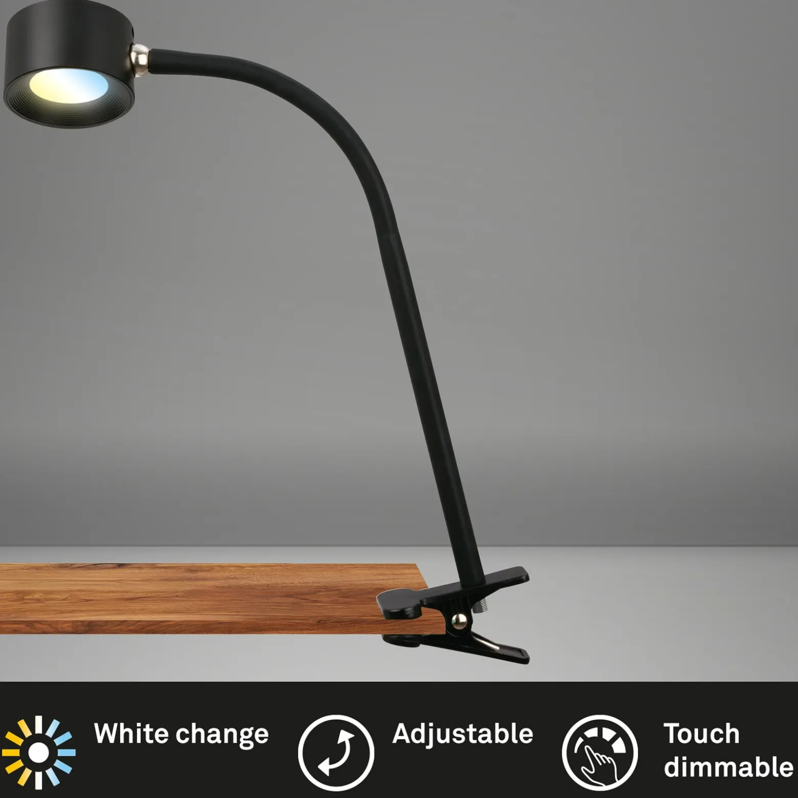 Lámpara de pinza recargable LED Tari, negra, CCT, regulador táctil, USB
