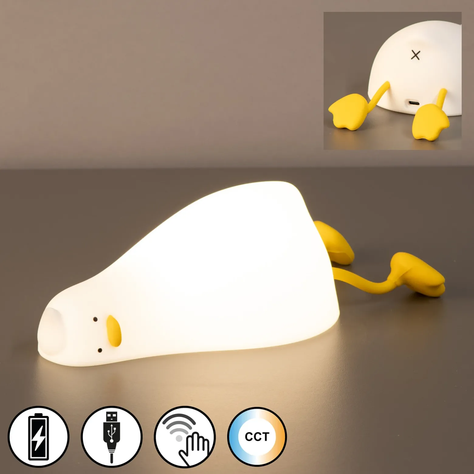 Lámpara de sobremesa LED recargable Ducky, pato, blanco, temporizador,