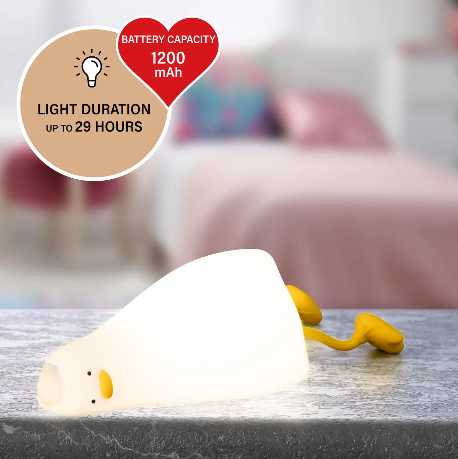 Lámpara de sobremesa LED recargable Ducky, pato, blanco, temporizador,