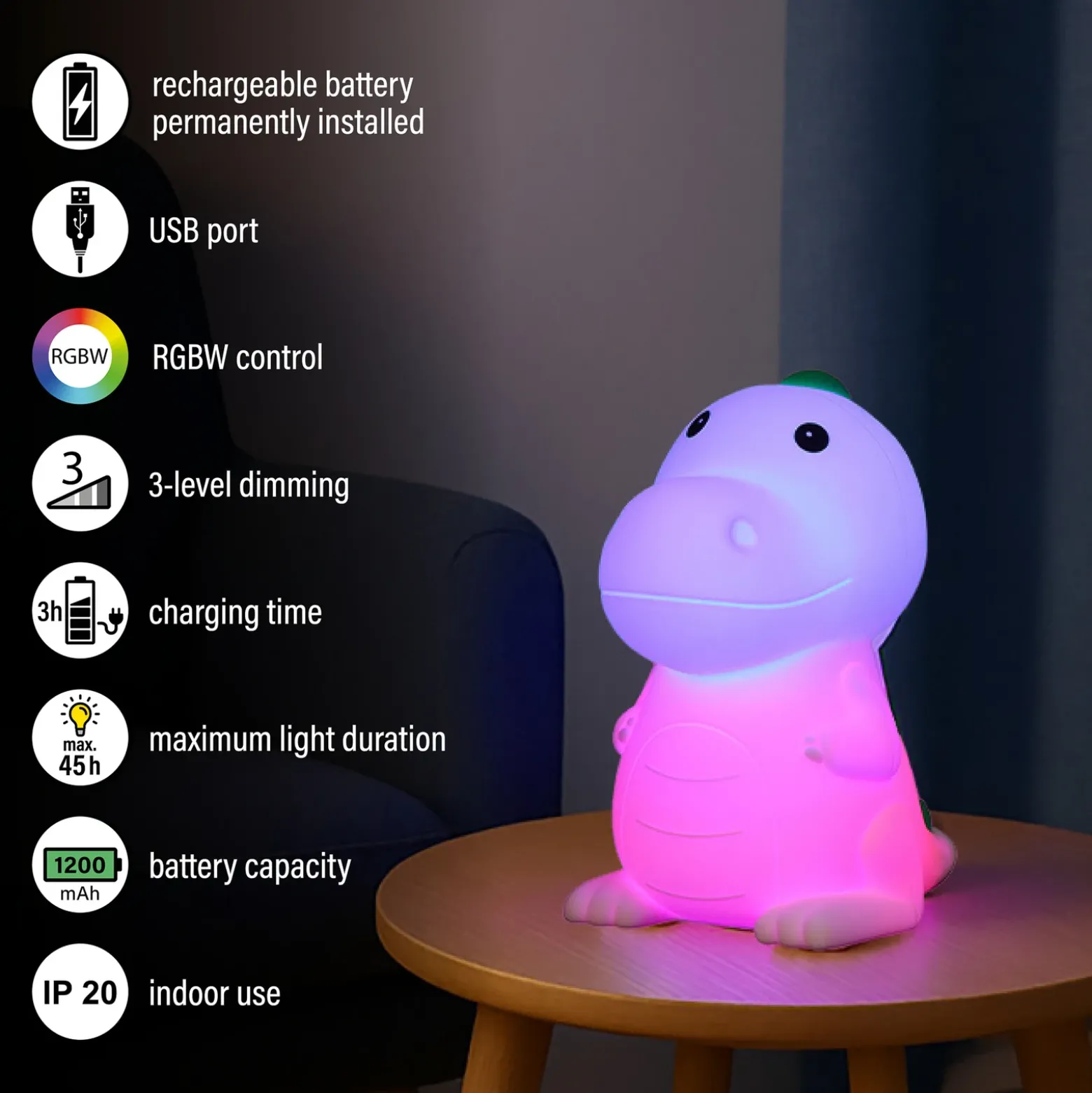 Lámpara de sobremesa LED recargable Dinosauro, Dino, blanco, RGB, atenuable