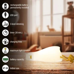Lámpara de sobremesa LED recargable Ducky, pato, blanco, temporizador,