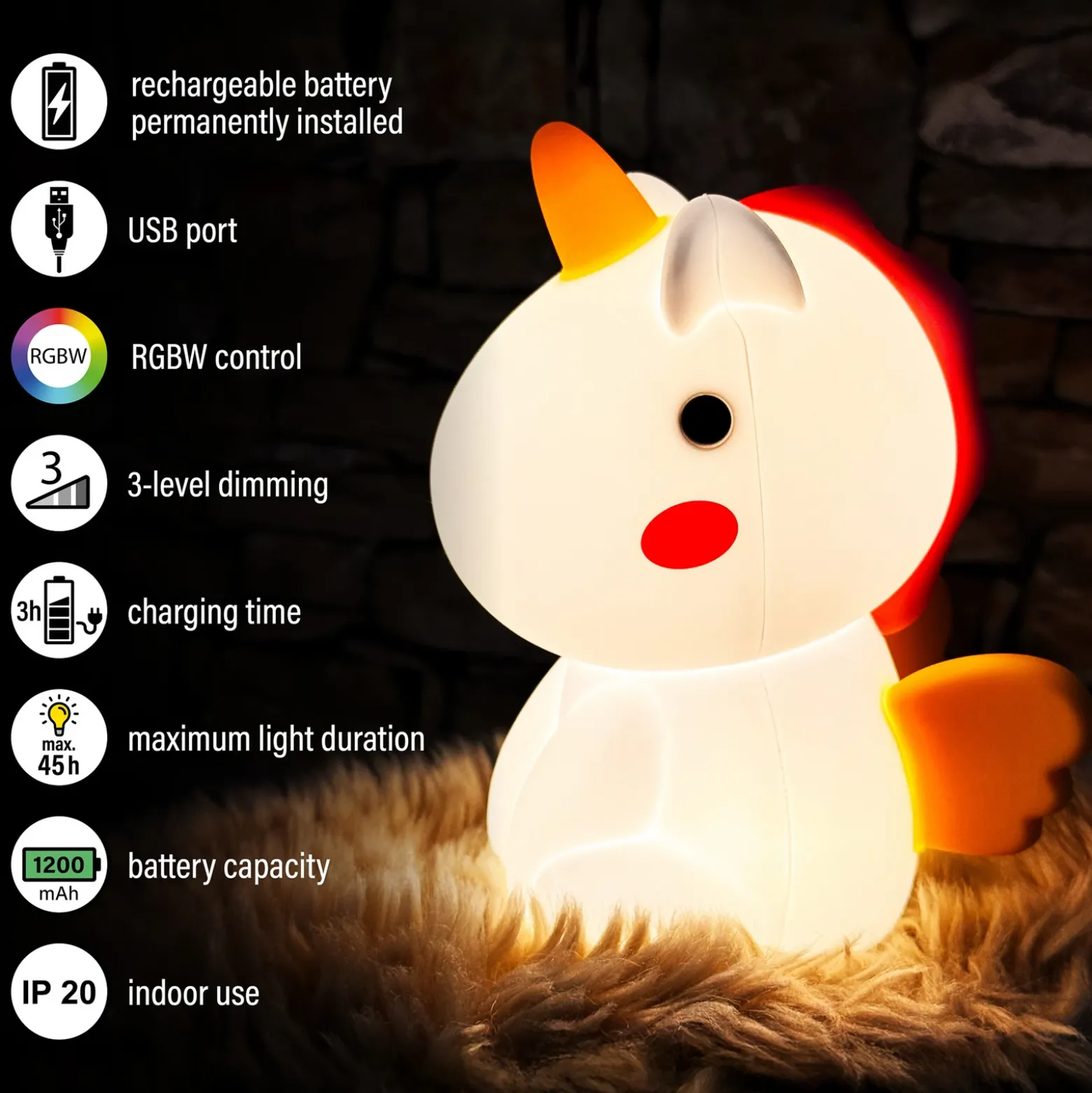 Lámpara de sobremesa LED Unicorno, unicornio, RGB, atenuable