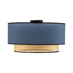 Lámpara de techo Boho, azul/madera/negro, Ø 45 cm, tela/ratán