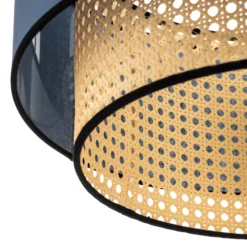 Lámpara de techo Boho, azul/madera/negro, Ø 45 cm, tela/ratán