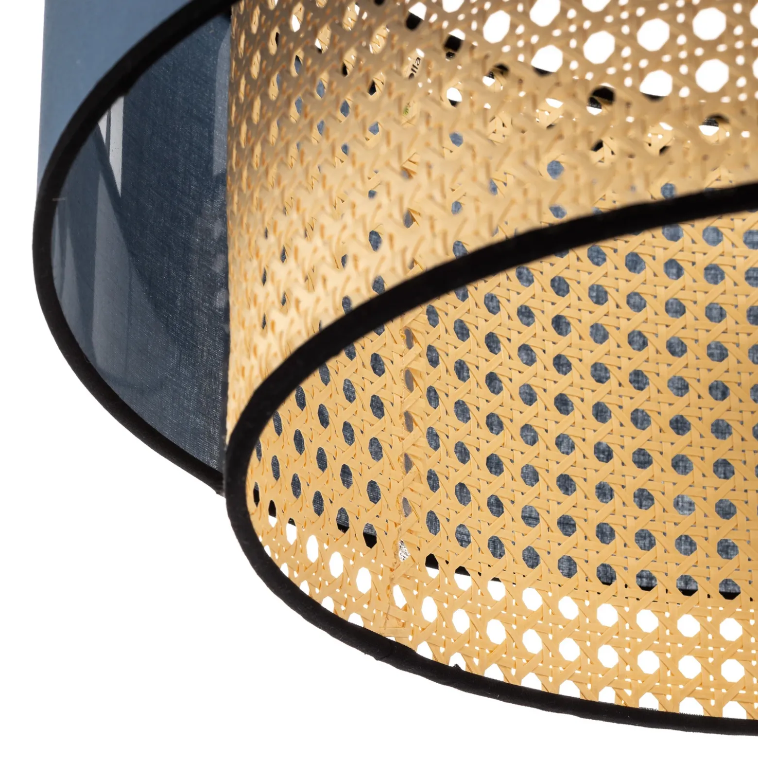 Lámpara de techo Boho, azul/madera/negro, Ø 45 cm, tela/ratán