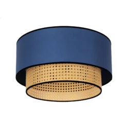 Lámpara de techo Boho, azul/madera/negro, Ø 45 cm, tela/ratán