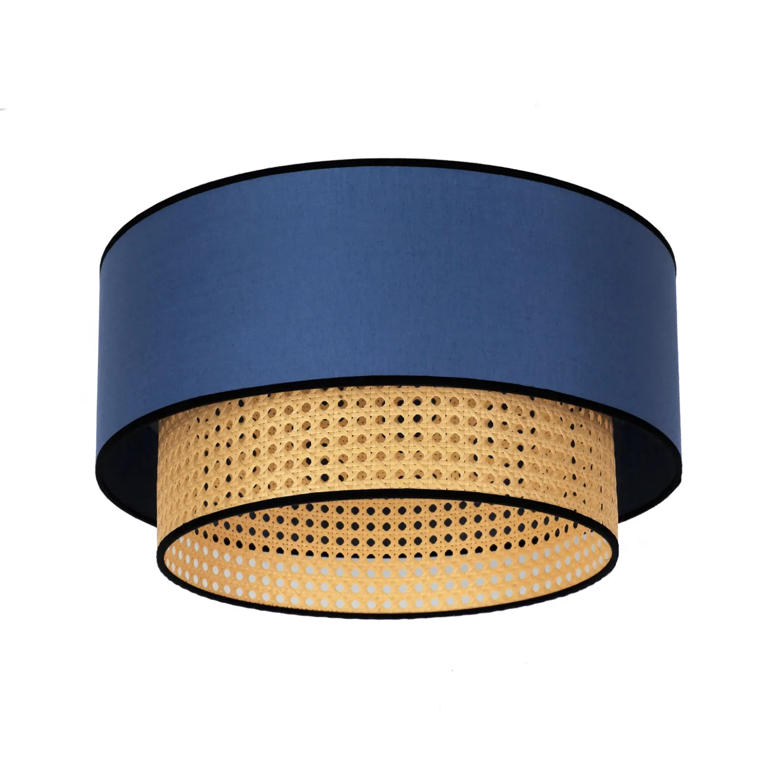 Lámpara de techo Boho, azul/madera/negro, Ø 45 cm, tela/ratán