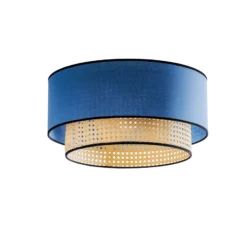 Lámpara de techo Boho, azul/madera/negro, Ø 45 cm, tela/ratán