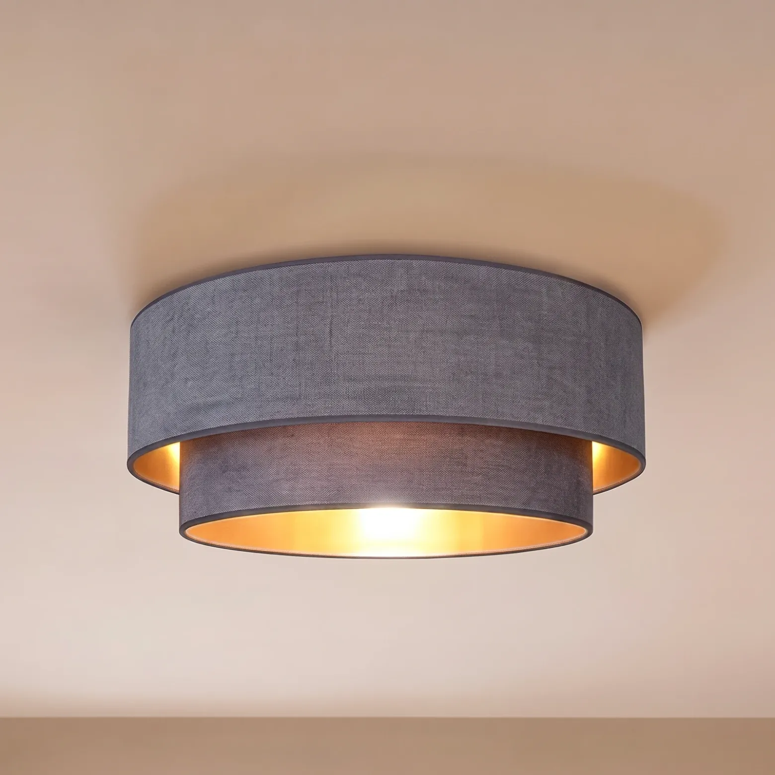 Lámpara de techo Boho, gris/dorado, Ø 60 cm, tela, E27