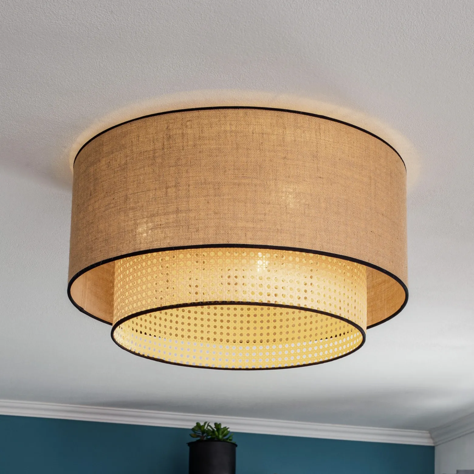 Lámpara de techo Boho, marrón/madera/negro, Ø 60 cm, tela/ratán