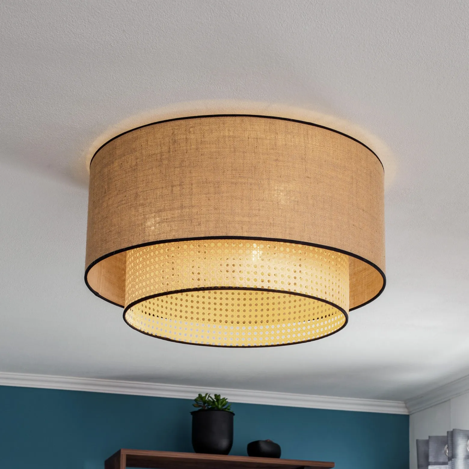 Lámpara de techo Boho, marrón/madera/negro, Ø 60 cm, tela/ratán