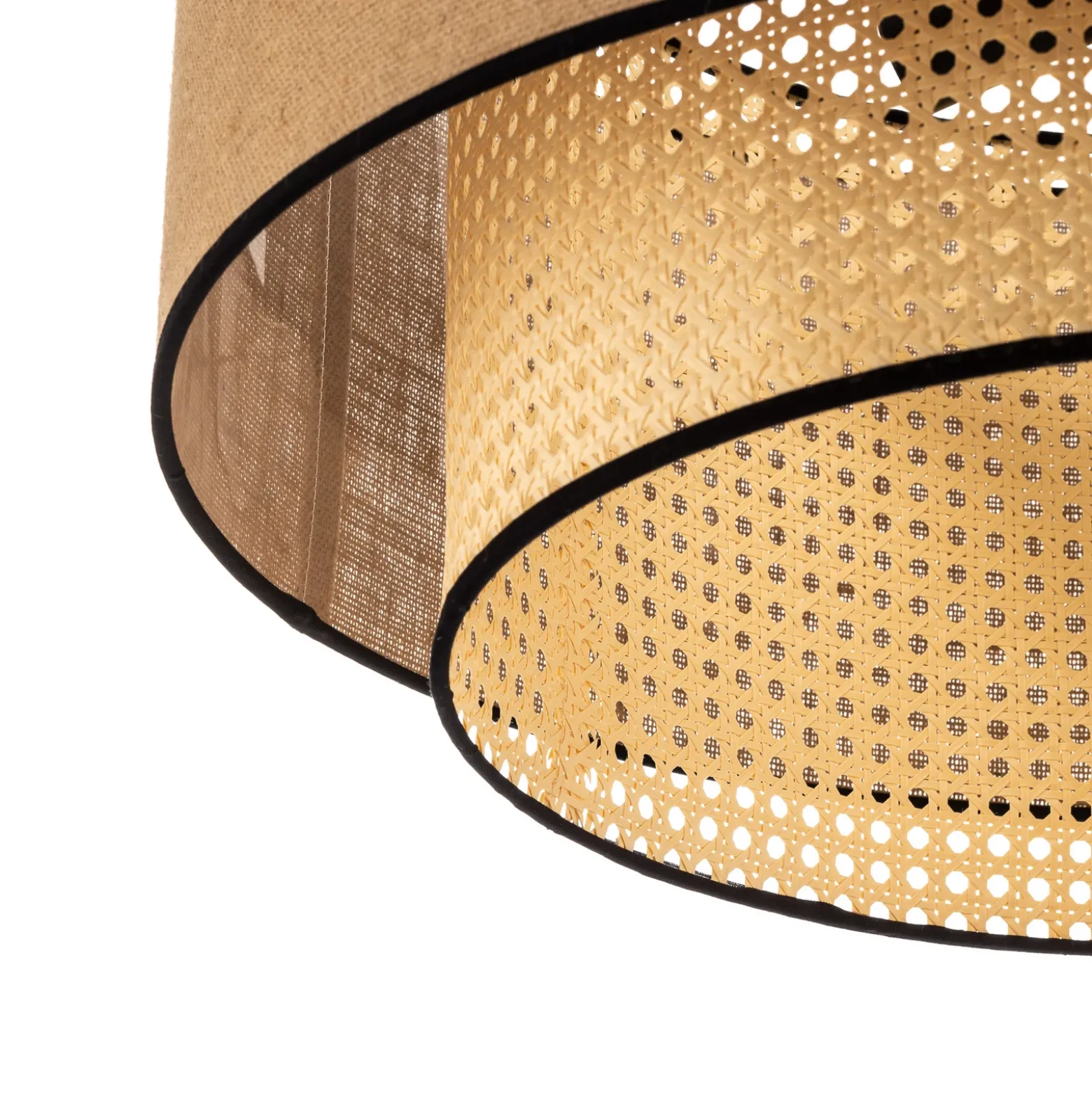 Lámpara de techo Boho, marrón/madera/negro, Ø 60 cm, tela/ratán