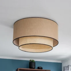 Lámpara de techo Boho, marrón/madera/negro, Ø 60 cm, tela/ratán