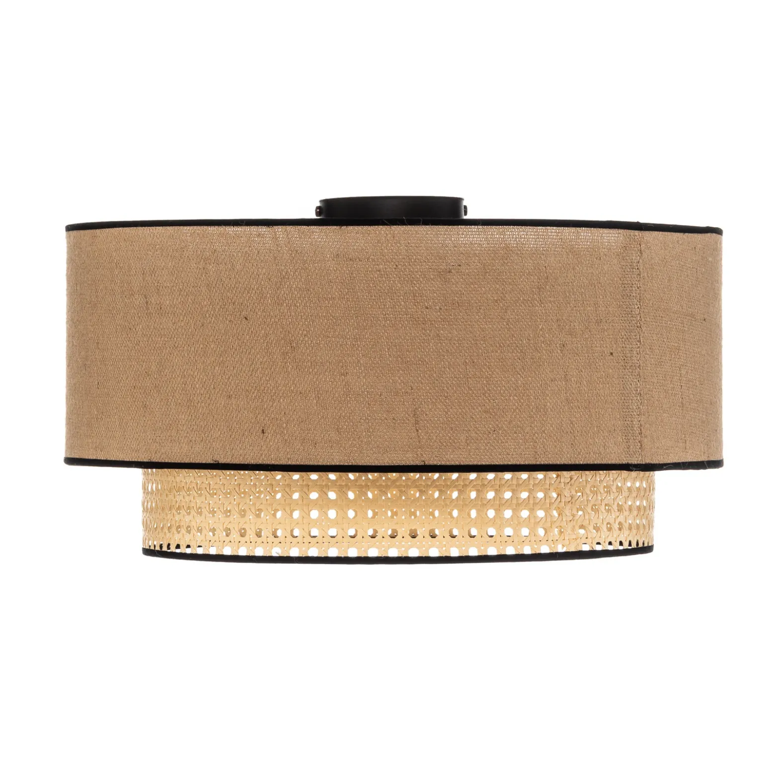 Lámpara de techo Boho, marrón/madera/negro, Ø 45 cm, tela/ratán