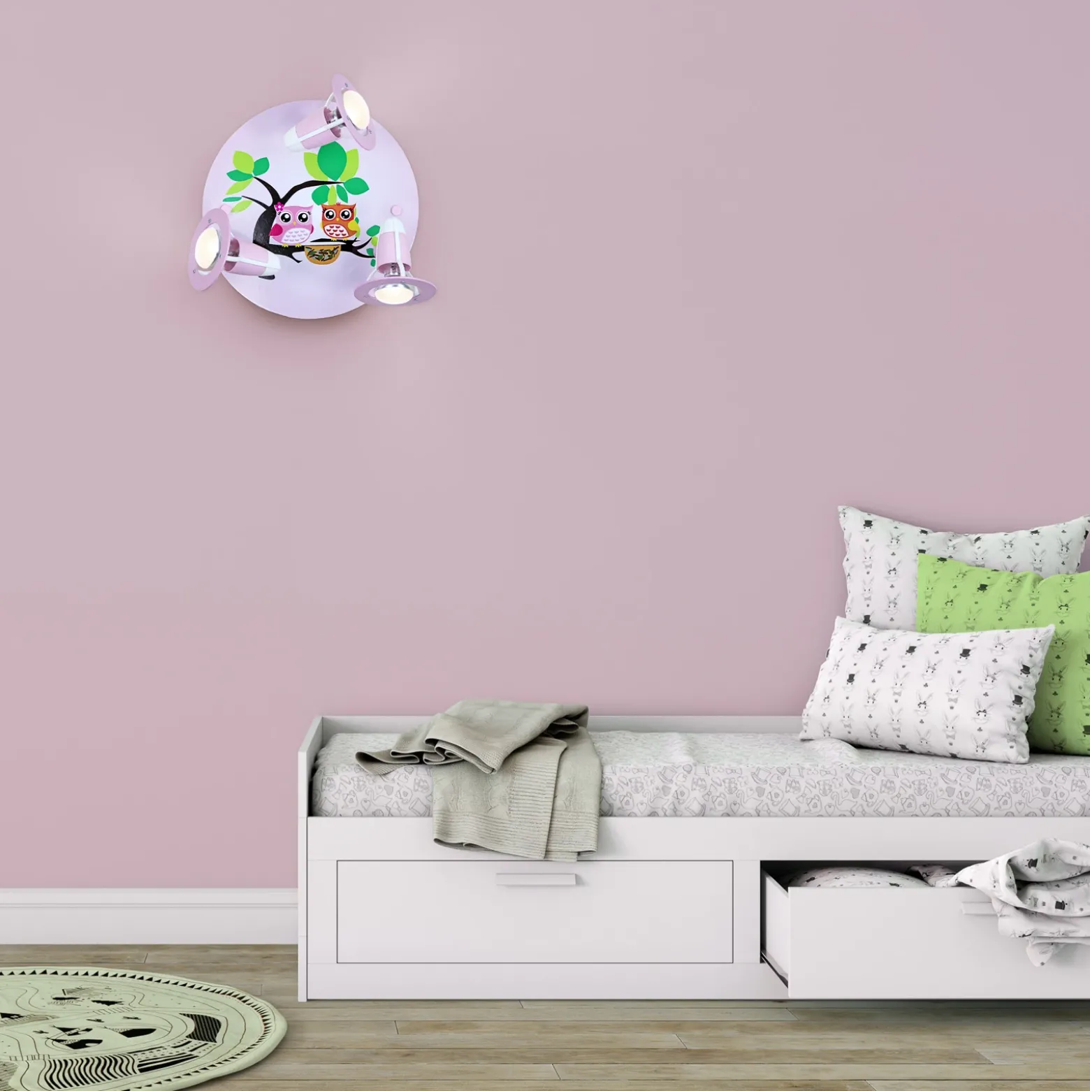 Lámpara de techo Buho para las niñas, rosa