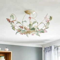 Lámpara de techo BUTTERFLY, crema/verde/rosado, acero inoxidable, 3 luces