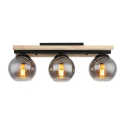 Lámpara de techo Conni, longitud 60 cm, gris humo, madera/vidrio, 3 luces.