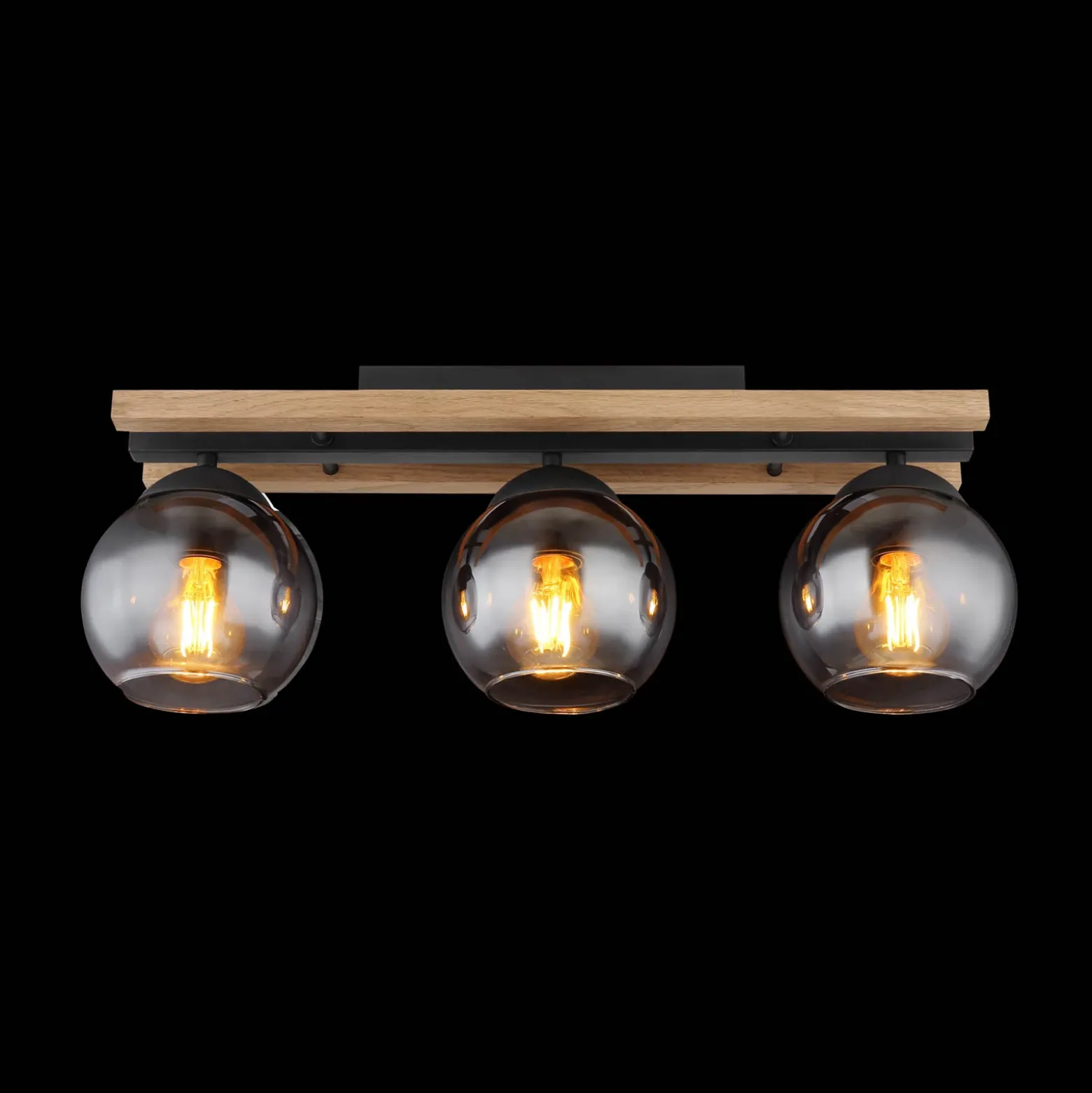 Lámpara de techo Conni, longitud 60 cm, gris humo, madera/vidrio, 3 luces.