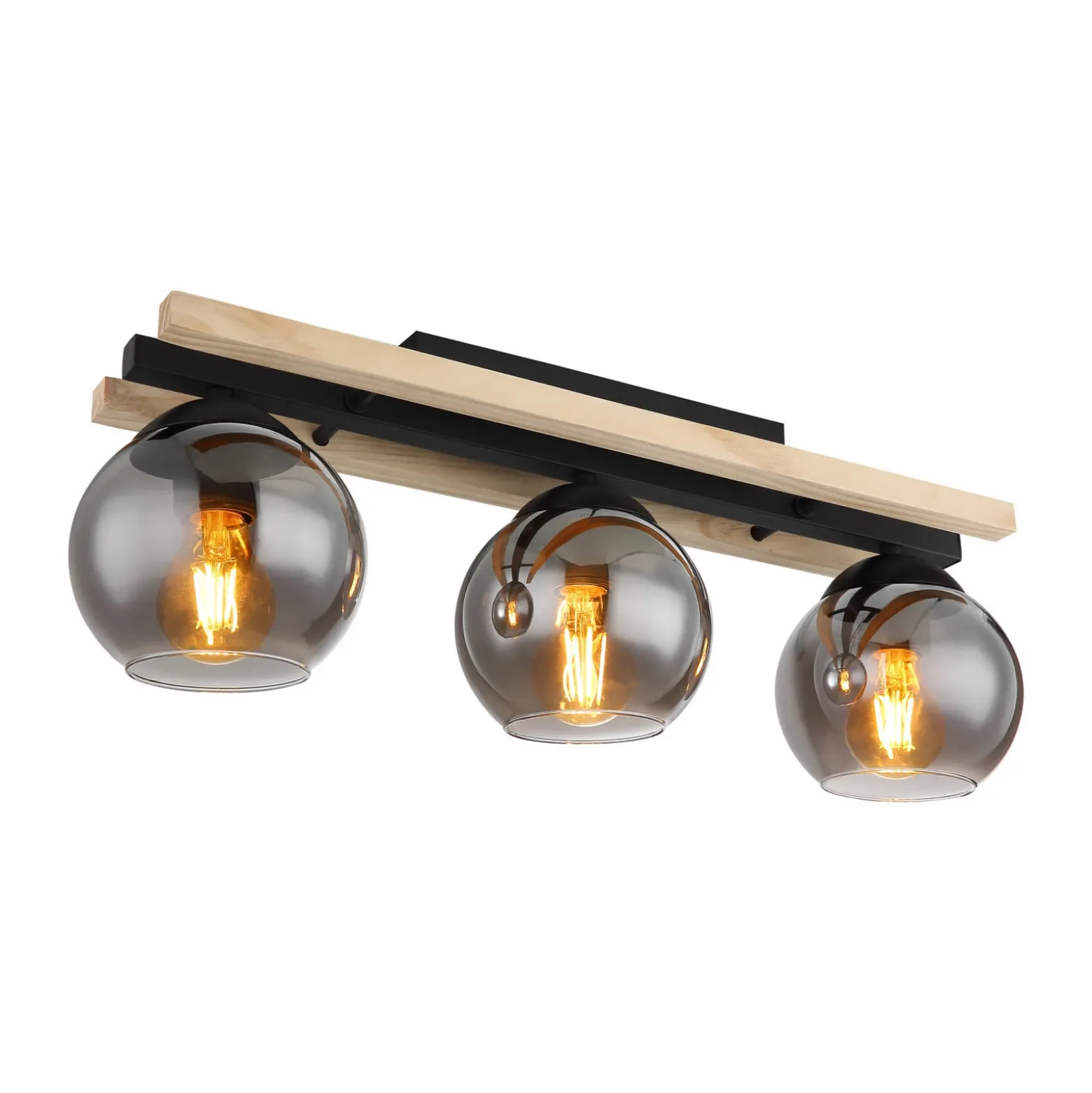 Lámpara de techo Conni, longitud 60 cm, gris humo, madera/vidrio, 3 luces.