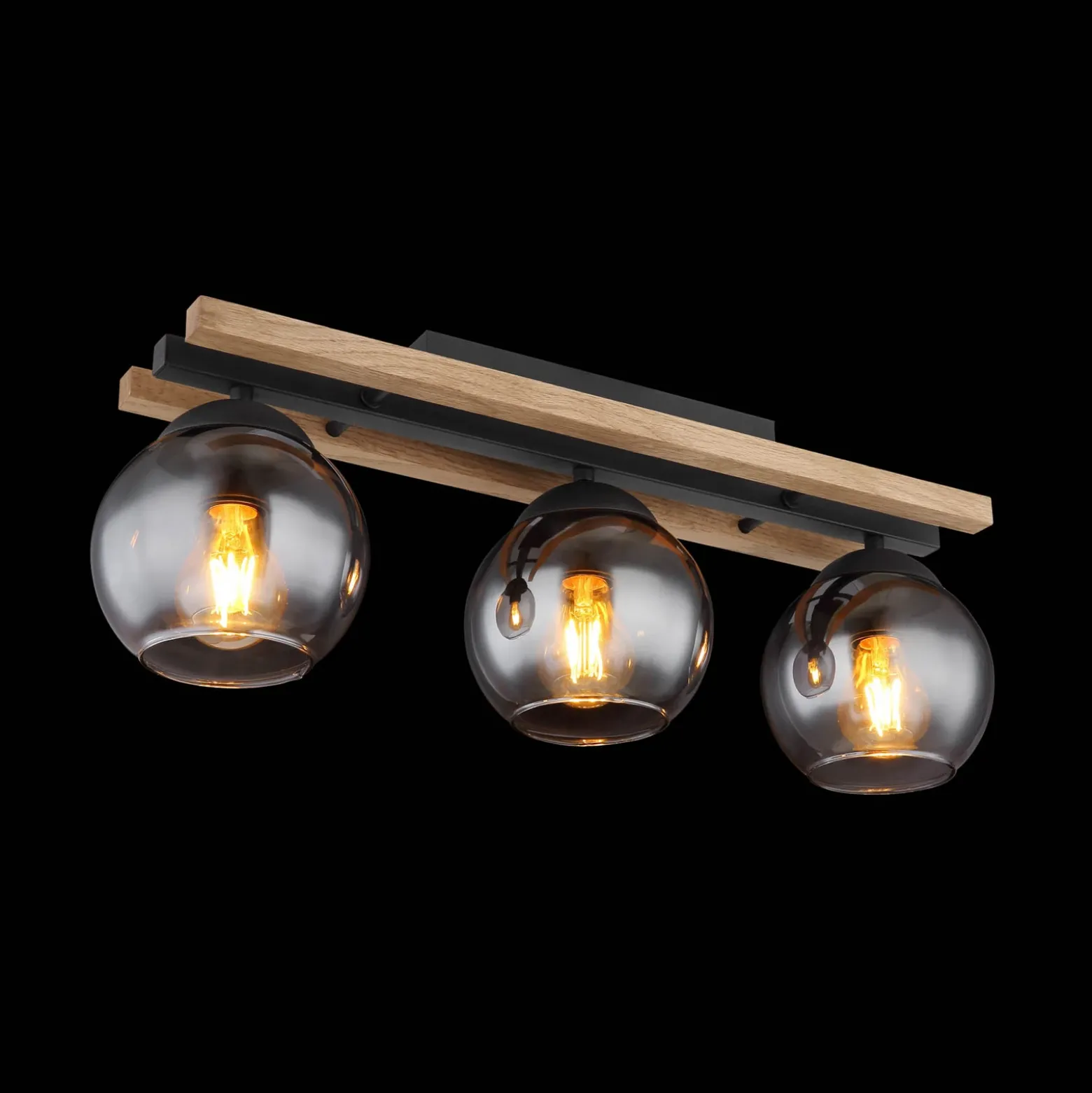 Lámpara de techo Conni, longitud 60 cm, gris humo, madera/vidrio, 3 luces.